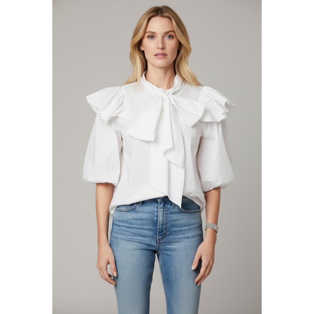 Tanya Taylor Daisy White Poplin Puff Sleeve Tie Neck Blouse Size 8